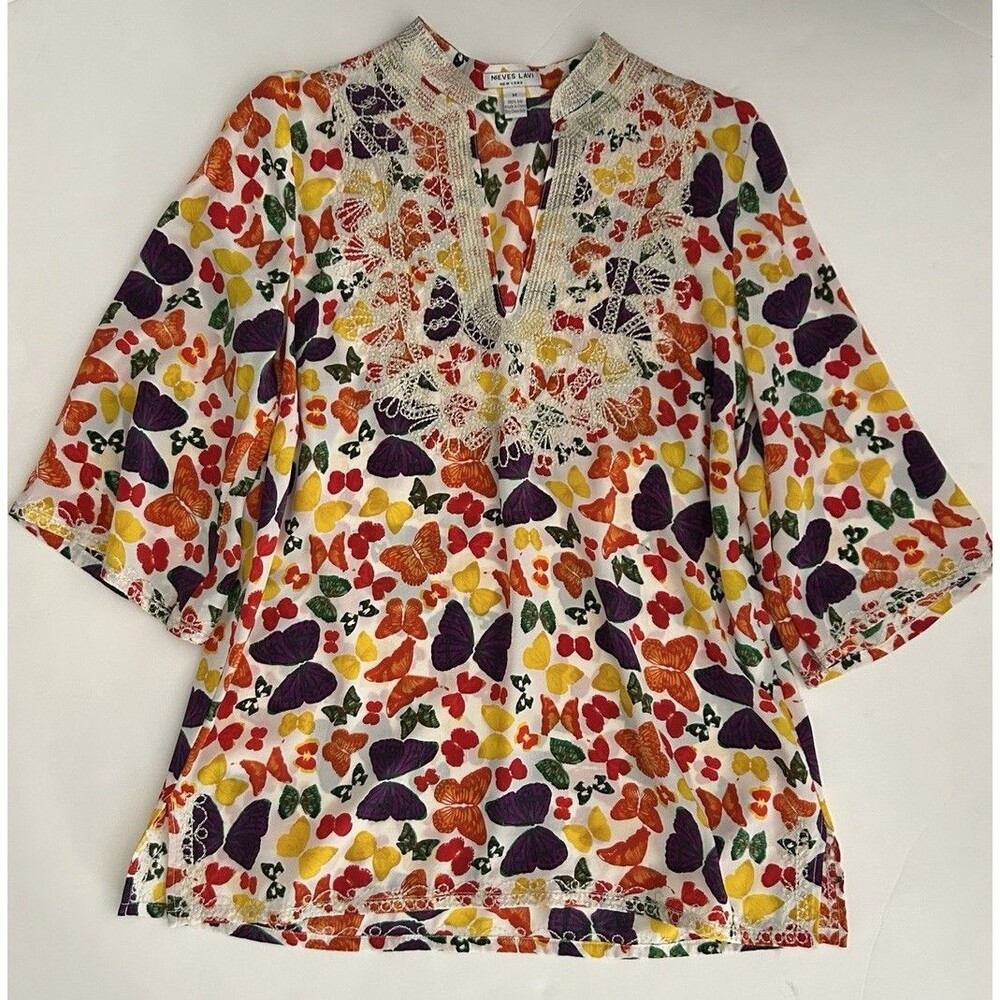 NIeves Lavi Wonens Medium Butterfly Silk Tunic Intricate Embroidery Shirt Blouse